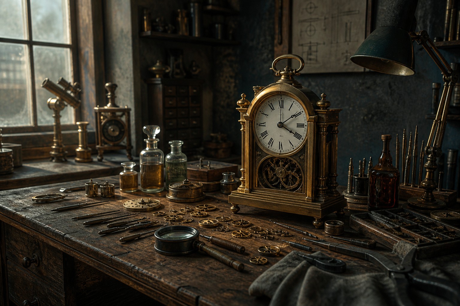 Antique clock restoration bench with brass tools and vintage clocks