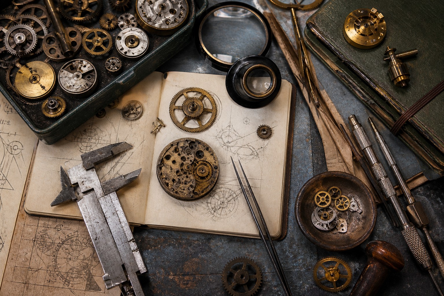 Horology notes, gears and watchmaker tools arranged on a bench