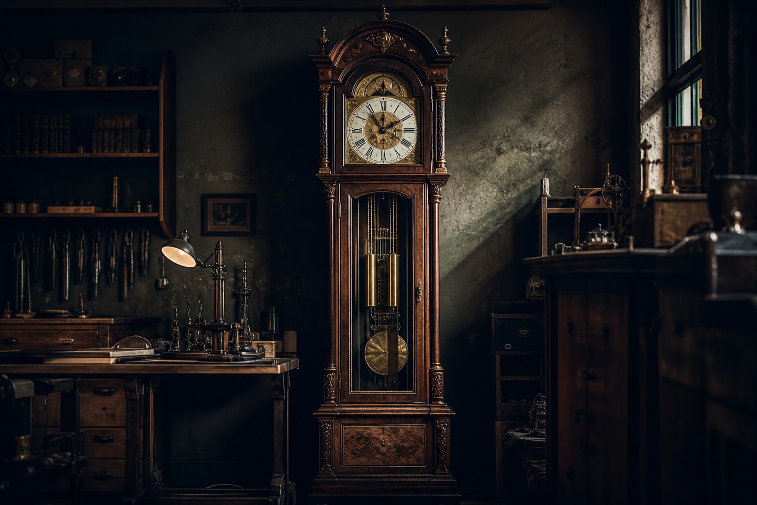 Longcase clock in a vintage workshop