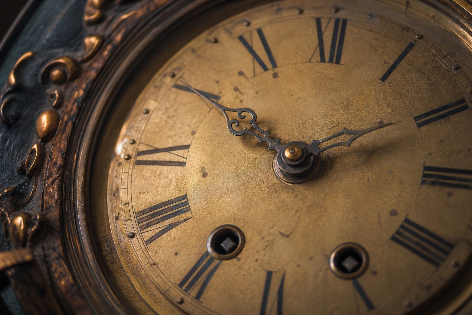 Aged muted gold clock dial close up