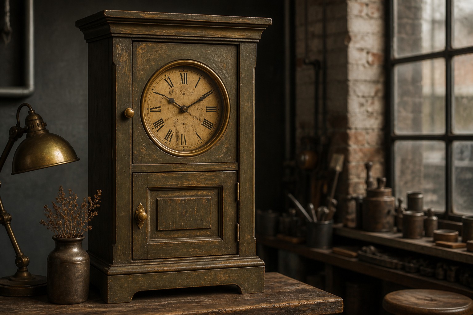 Antique clock cabinet with olive-brown finish