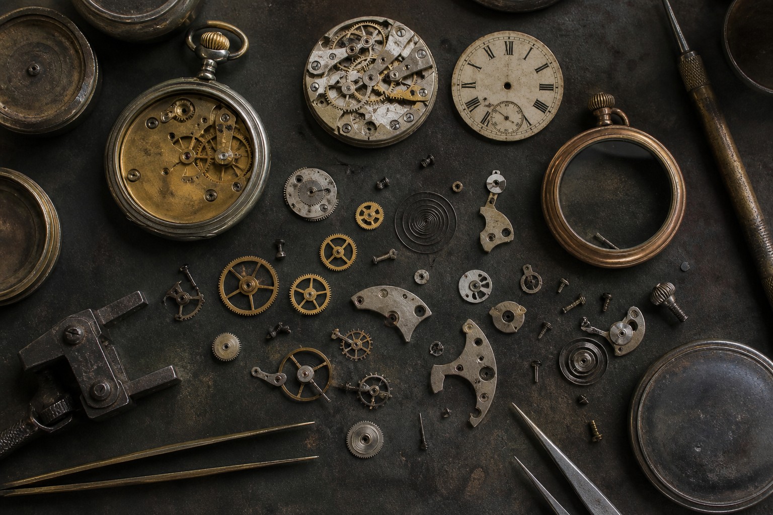Pocket watch and small mechanical movement components on a workbench